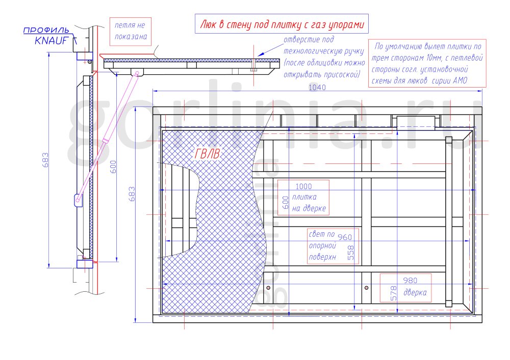 Стеновые люки под плитку на амортизаторах схема с размерами